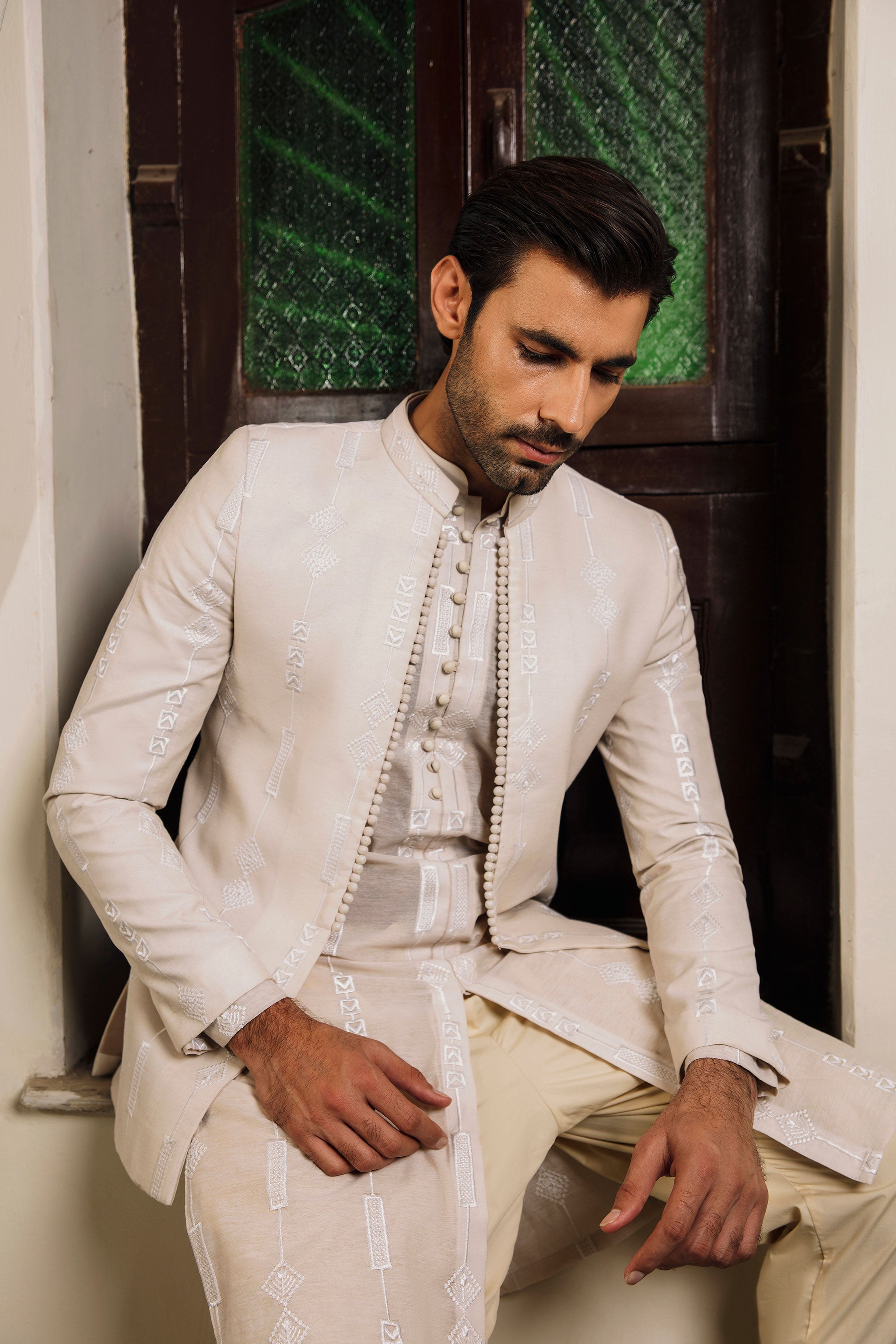 Beige paper cotton front open Prince coat with floral embroidered patterns