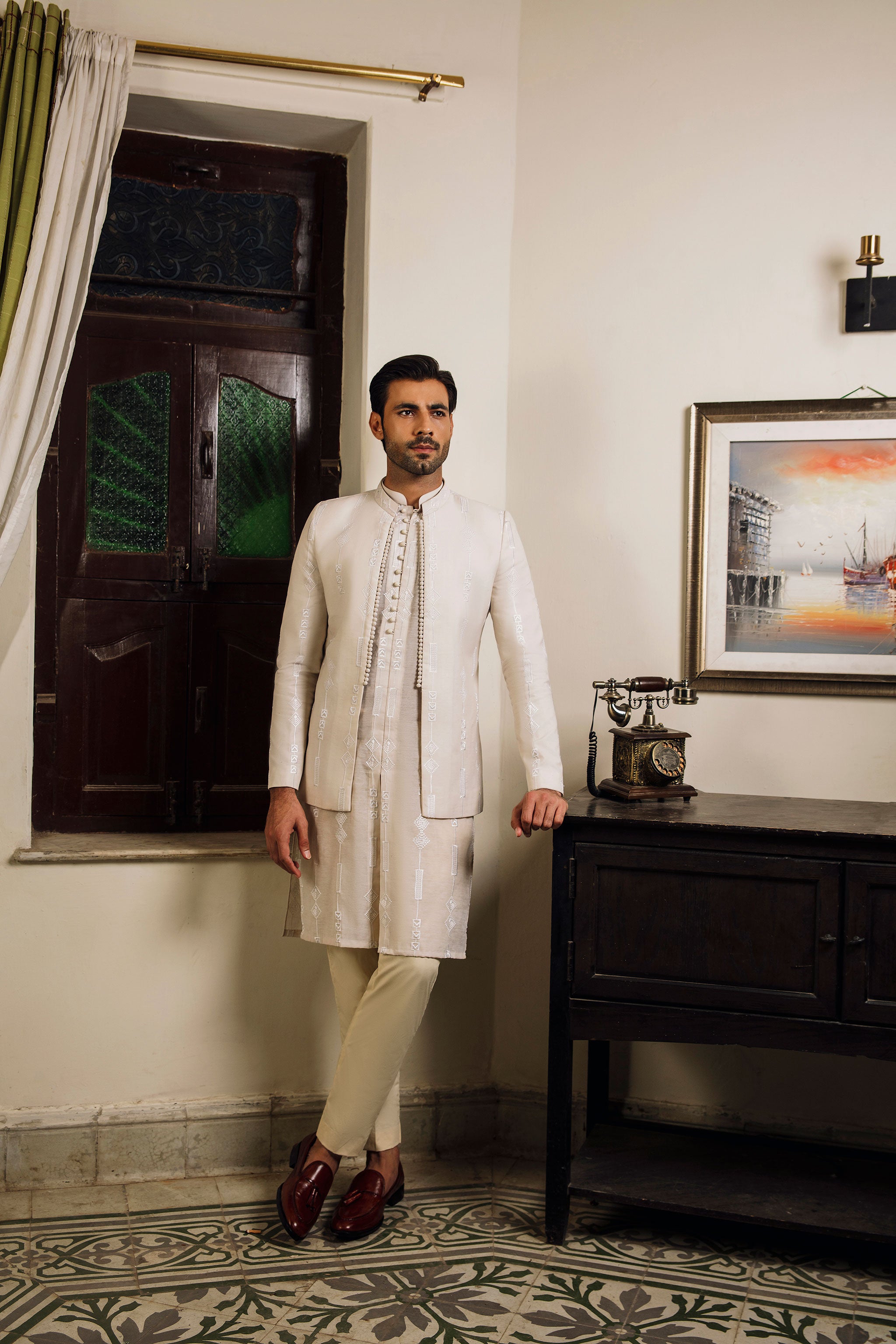 Beige paper cotton front open Prince coat with floral embroidered patterns