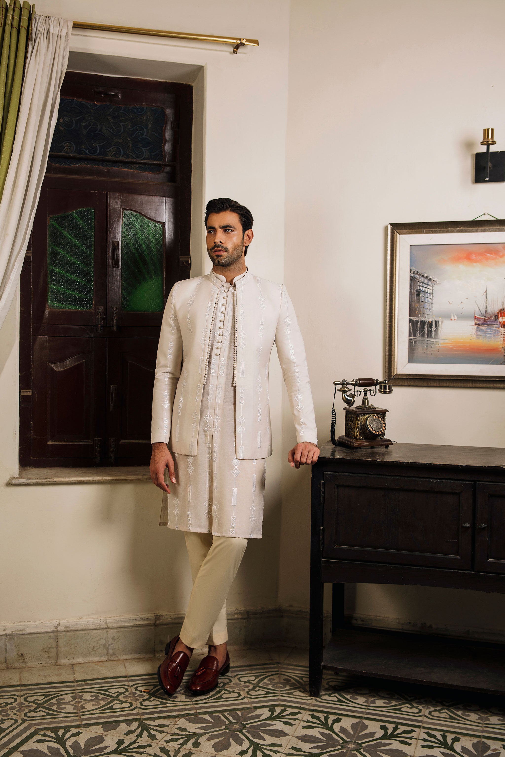 Beige paper cotton front open Prince coat with floral embroidered patterns