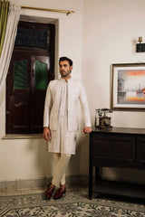 Beige paper cotton front open Prince coat with floral embroidered patterns