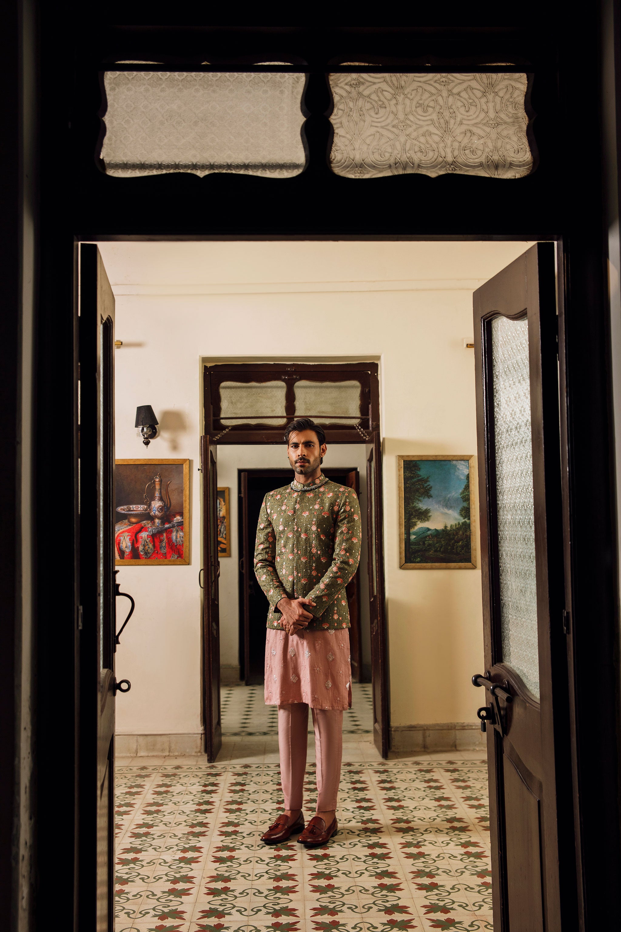 Olive green Prince coat with floral embroidered patterns embellishments