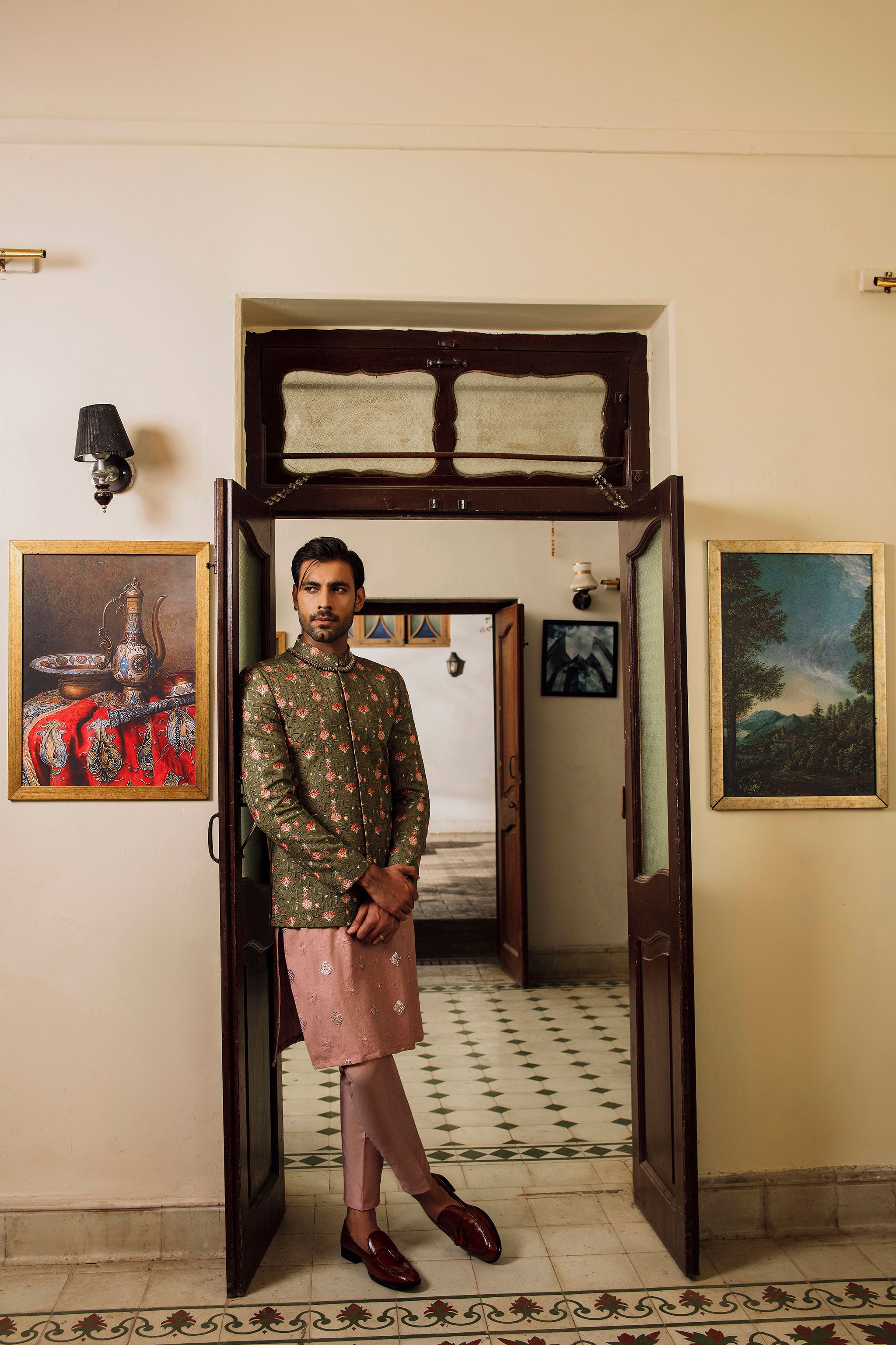 Olive green Prince coat with floral embroidered patterns embellishments