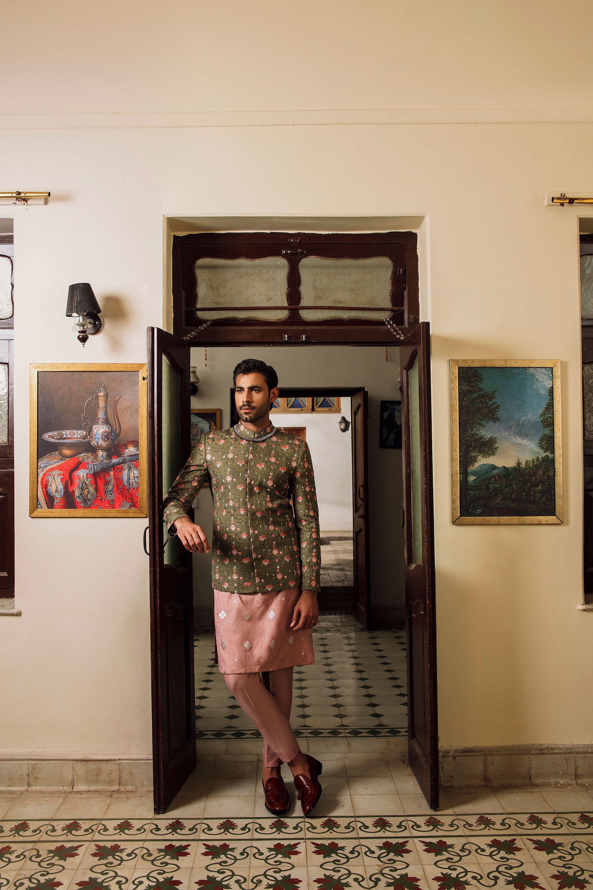 Olive green Prince coat with floral embroidered patterns embellishments