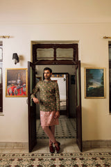 Olive green Prince coat with floral embroidered patterns embellishments