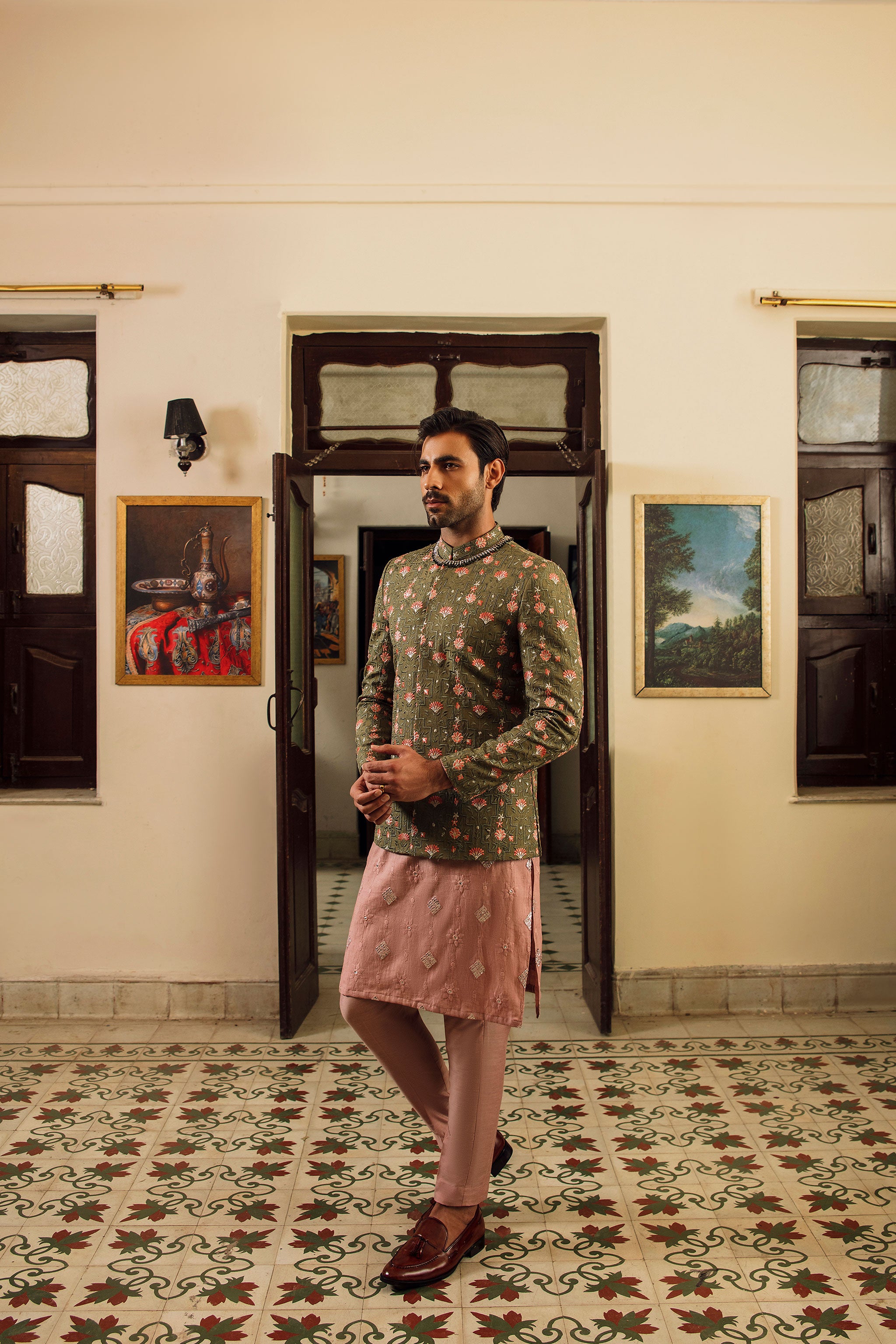 Olive Green Prince Coat with Floral Embroidery - Elevate Your Style for Grooms and Weddings with Emraan Rajput's Nigah-e-Ishq Collection. Sherwani for Men, Sherwani for Groom, Sherwani for Wedding