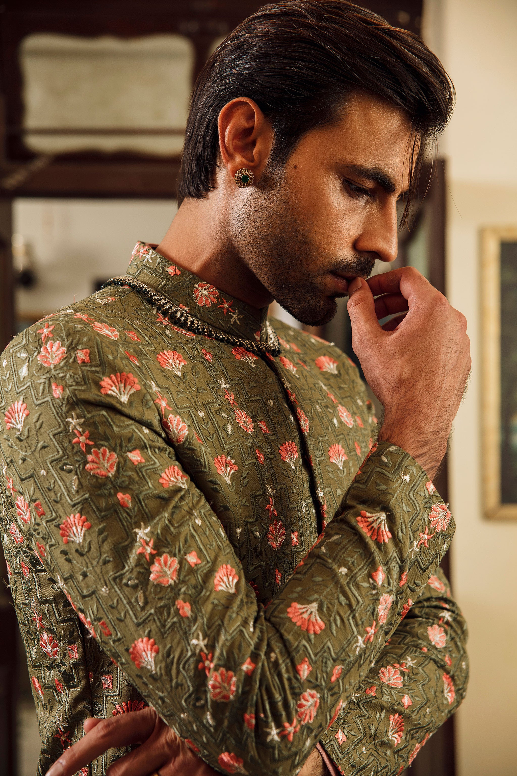 Olive green Prince coat with floral embroidered patterns embellishments