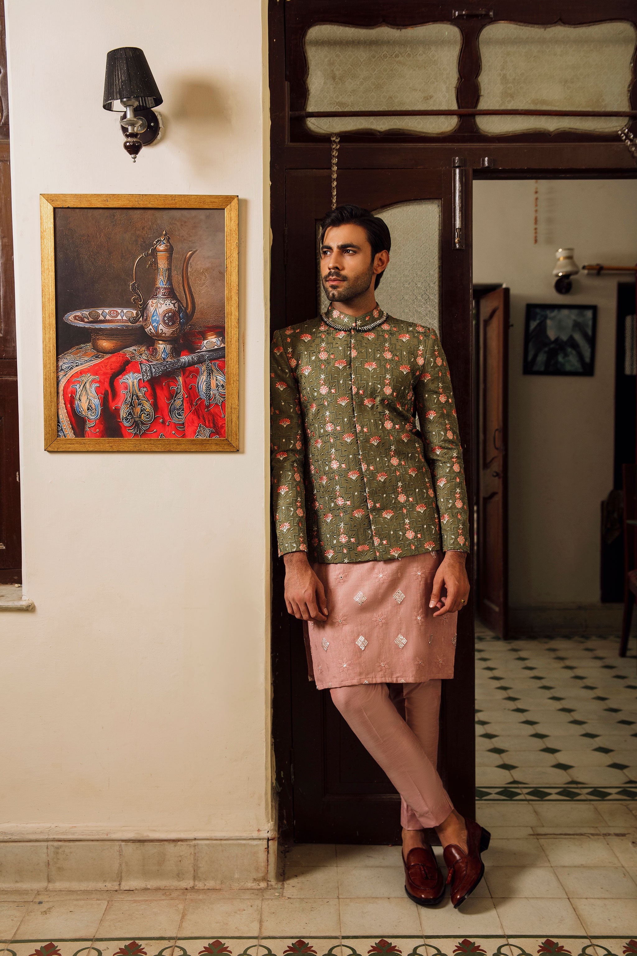 Olive green Prince coat with floral embroidered patterns embellishments