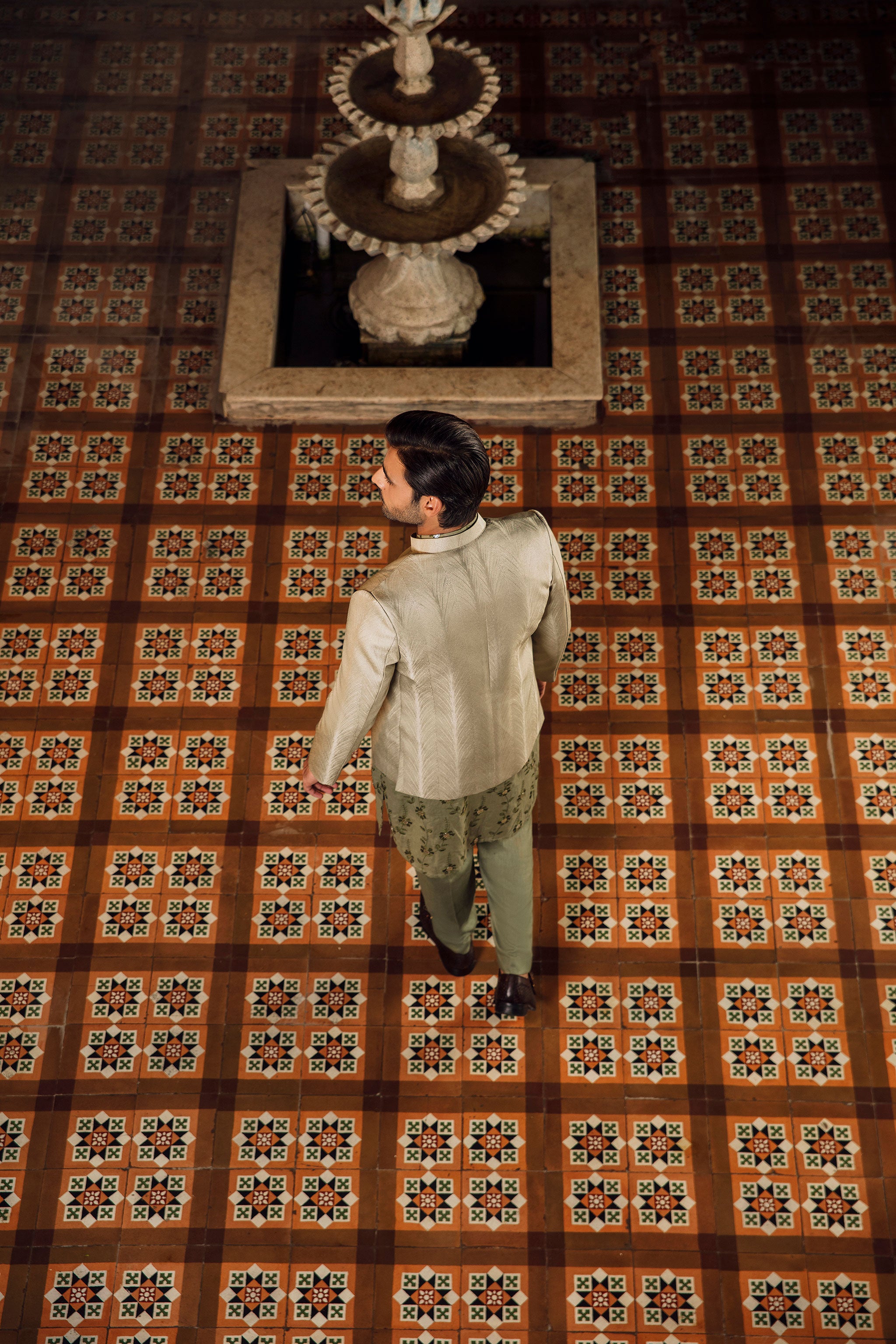 Sage green  jacquard front open Prince coat with floral embroidered patterns embellishments