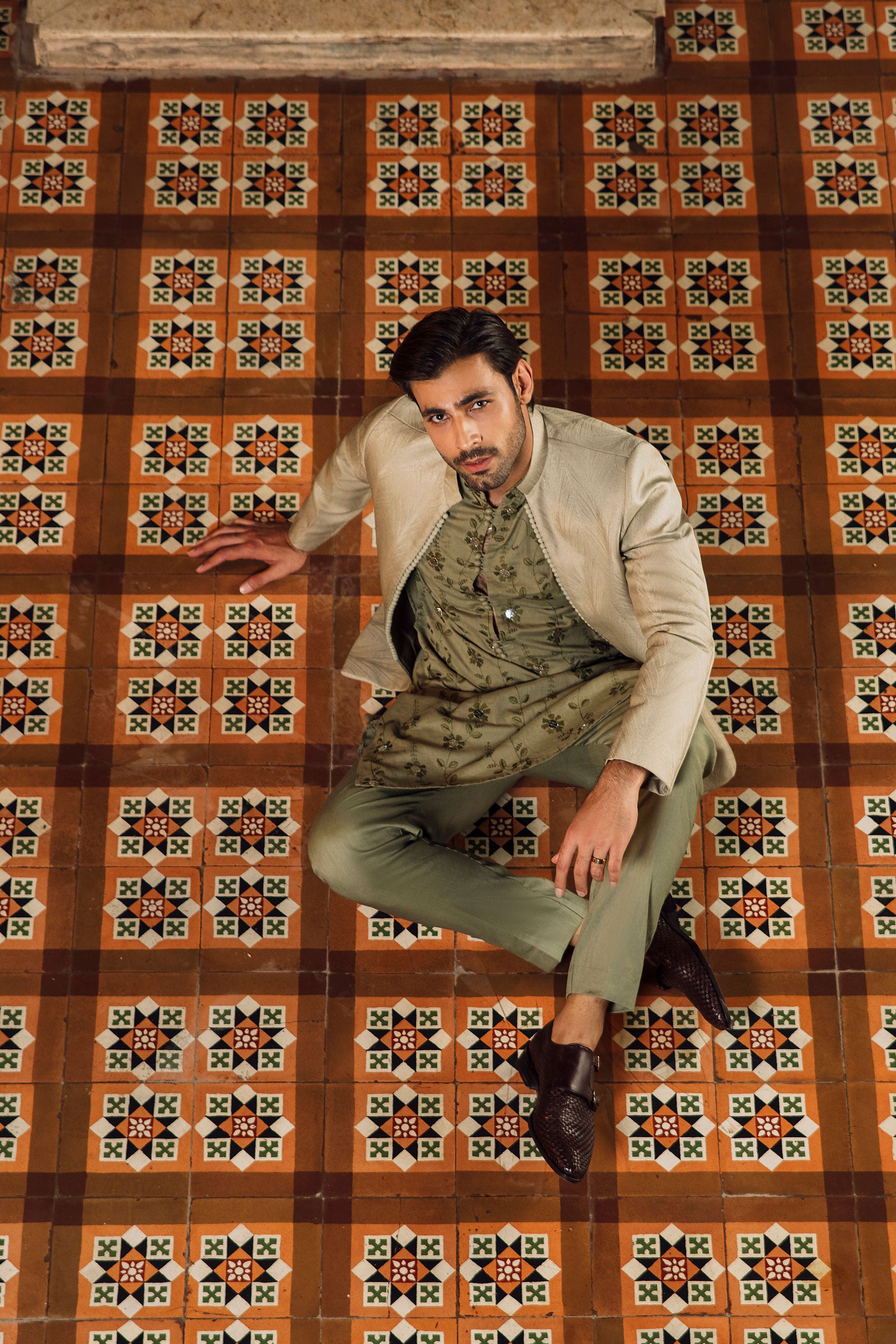  Sage Green Jacquard Prince Coat - A masterpiece from the Nigah-e-Ishq collection at Emraan Rajput. Elevate your style with this floral embroidered prince coat, perfect for men and grooms. Explore the fusion of tradition and trend now!