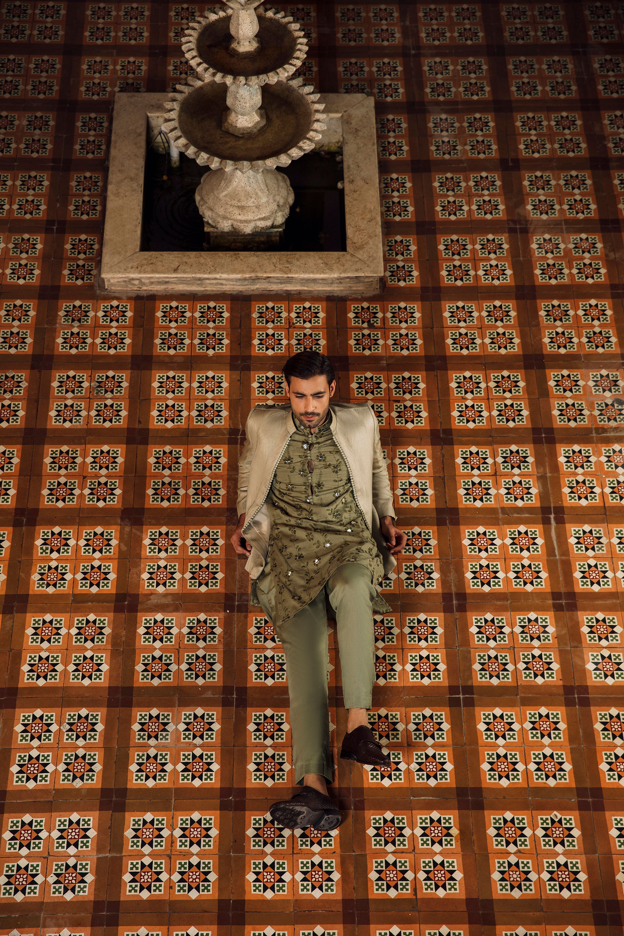 Sage green  jacquard front open Prince coat with floral embroidered patterns embellishments