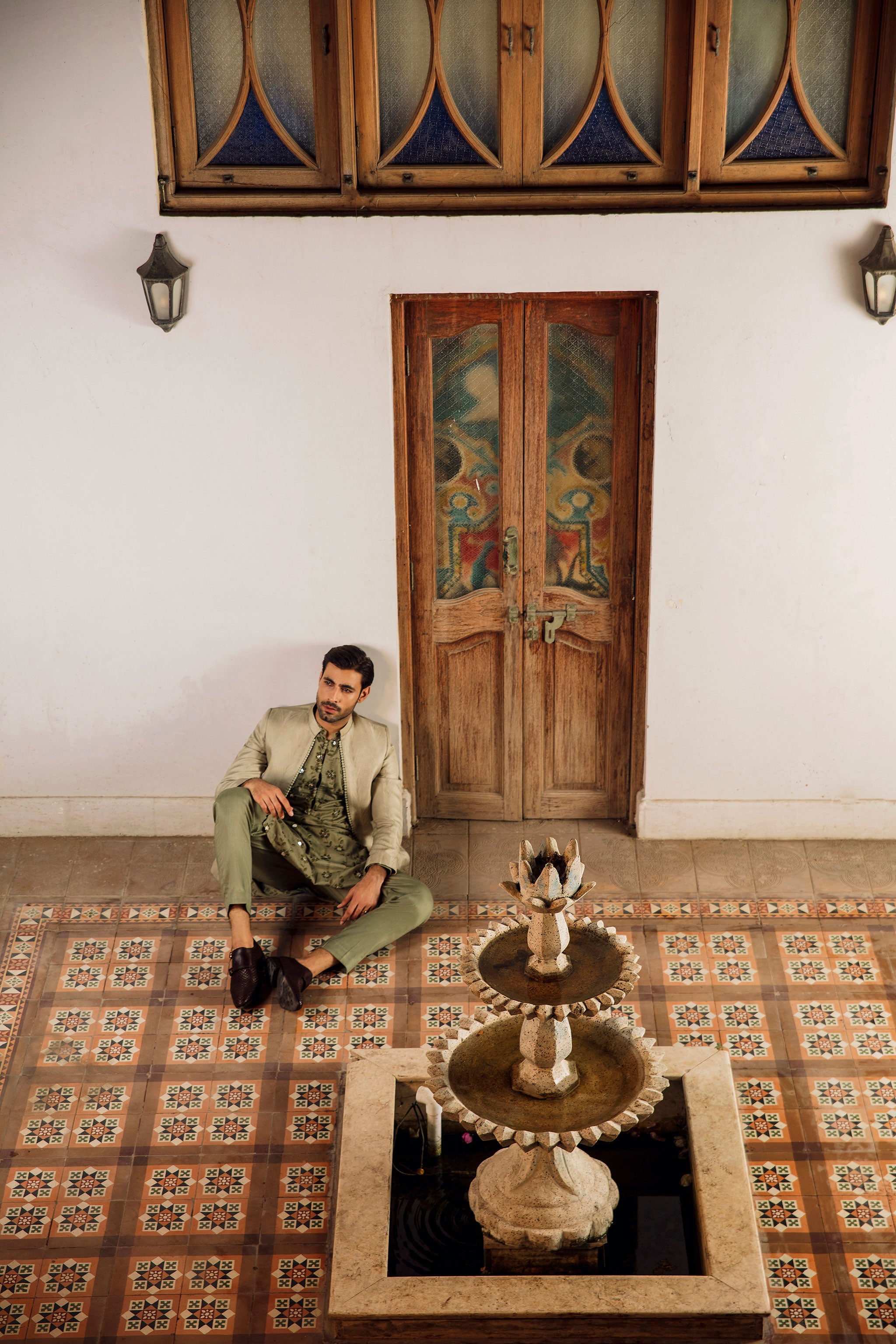 Sage green  jacquard front open Prince coat with floral embroidered patterns embellishments