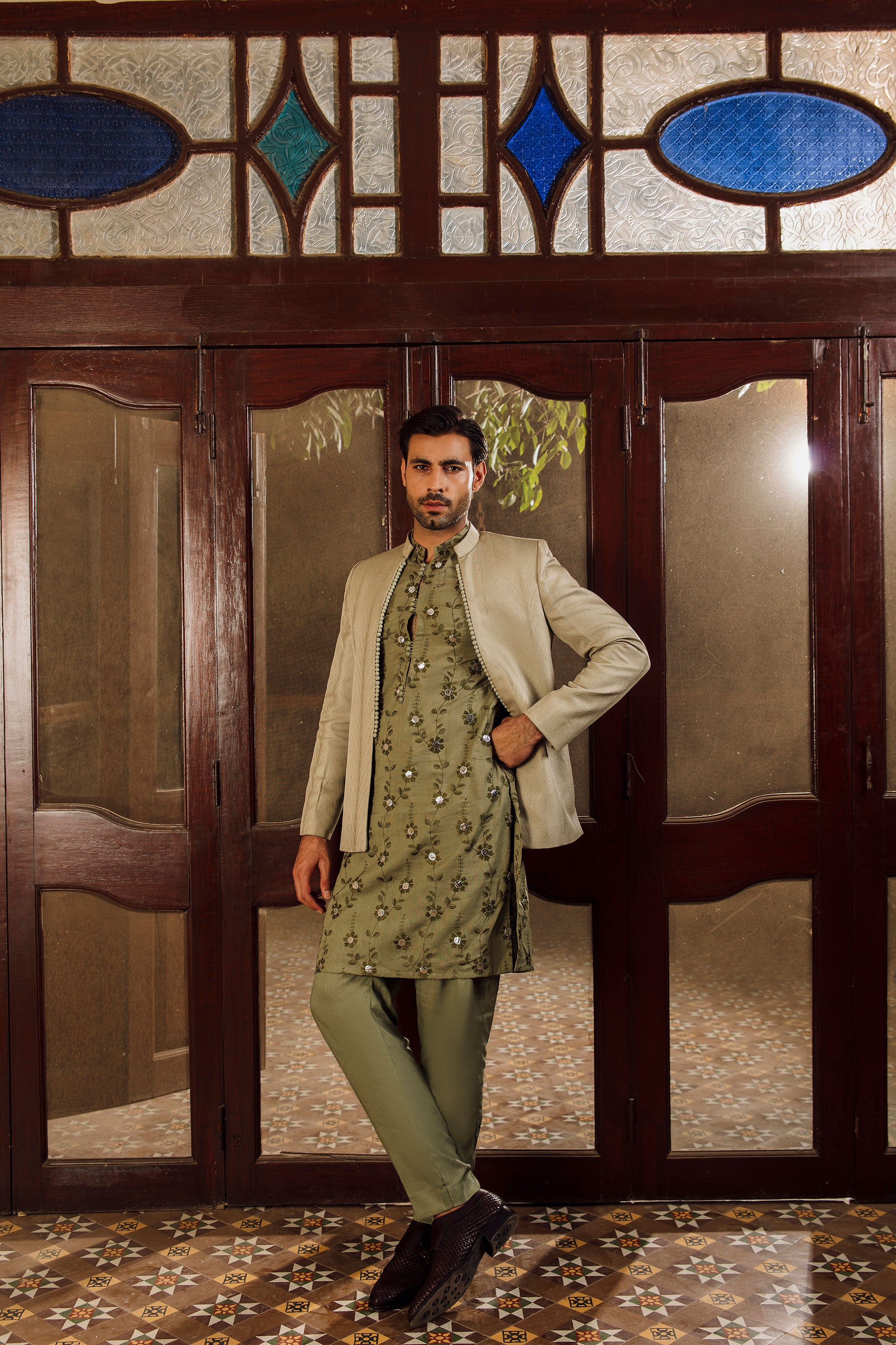 Sage green  jacquard front open Prince coat with floral embroidered patterns embellishments