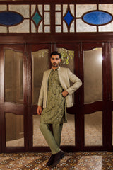 Sage green  jacquard front open Prince coat with floral embroidered patterns embellishments