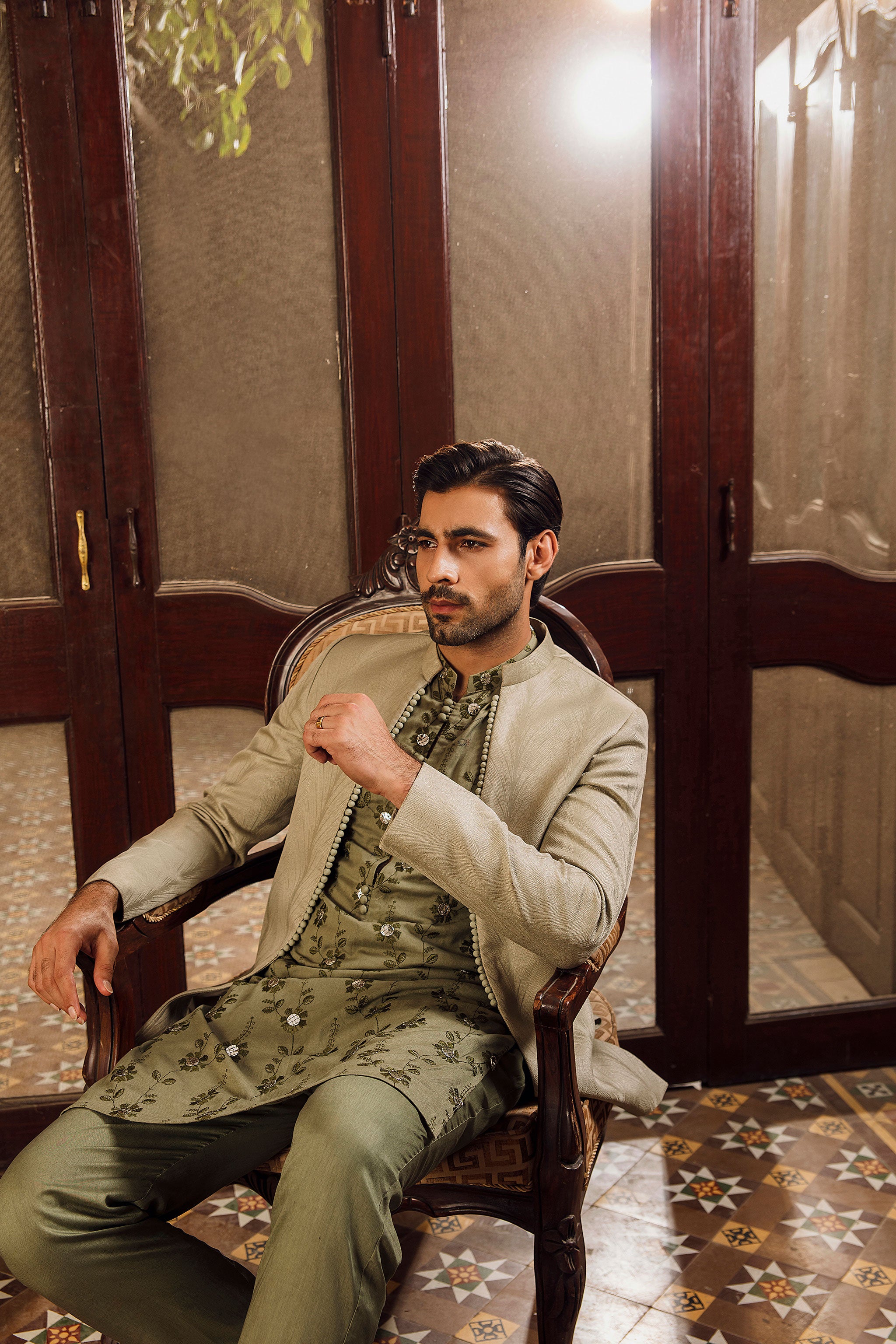 Sage green  jacquard front open Prince coat with floral embroidered patterns embellishments