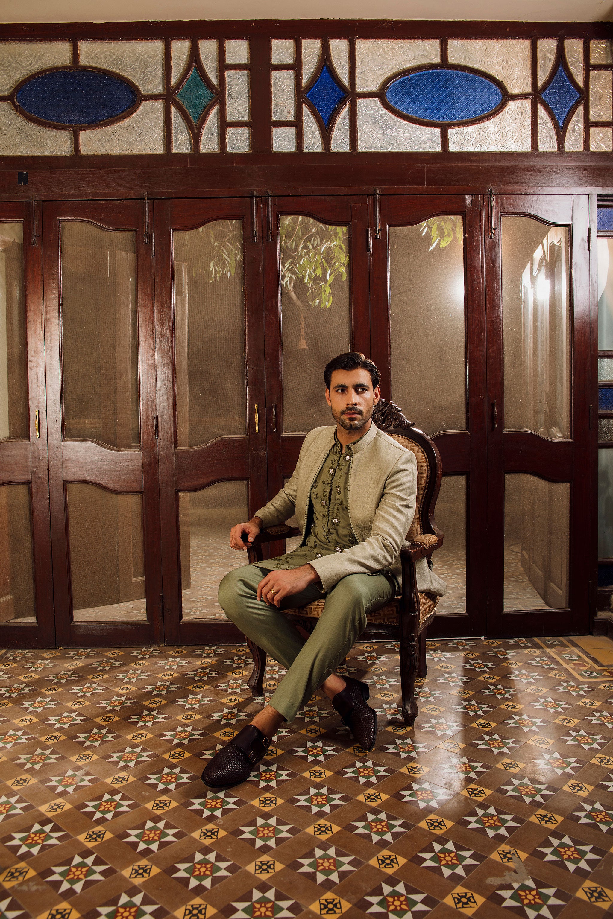 Sage green  jacquard front open Prince coat with floral embroidered patterns embellishments