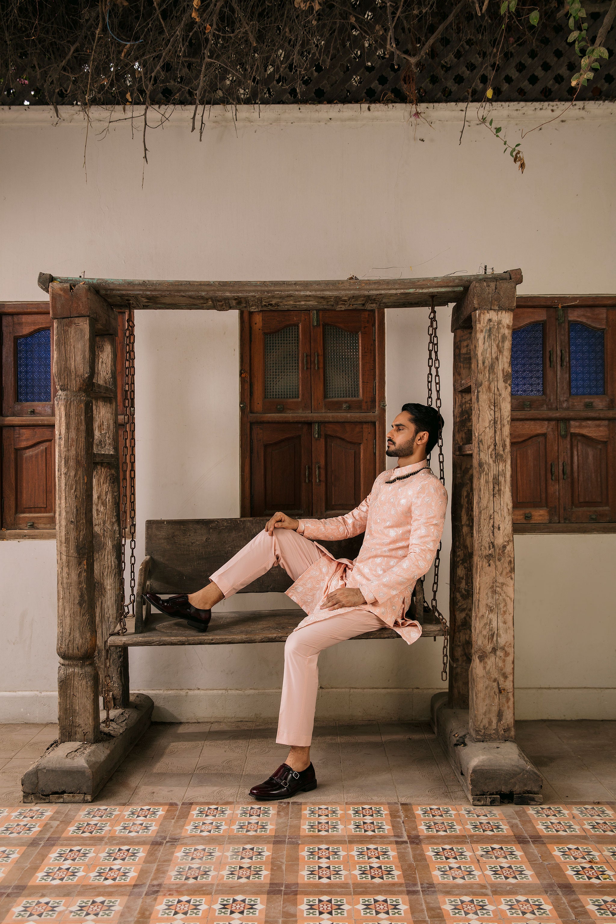 Powder pink Prince coat with floral embroidered patterns embellishments