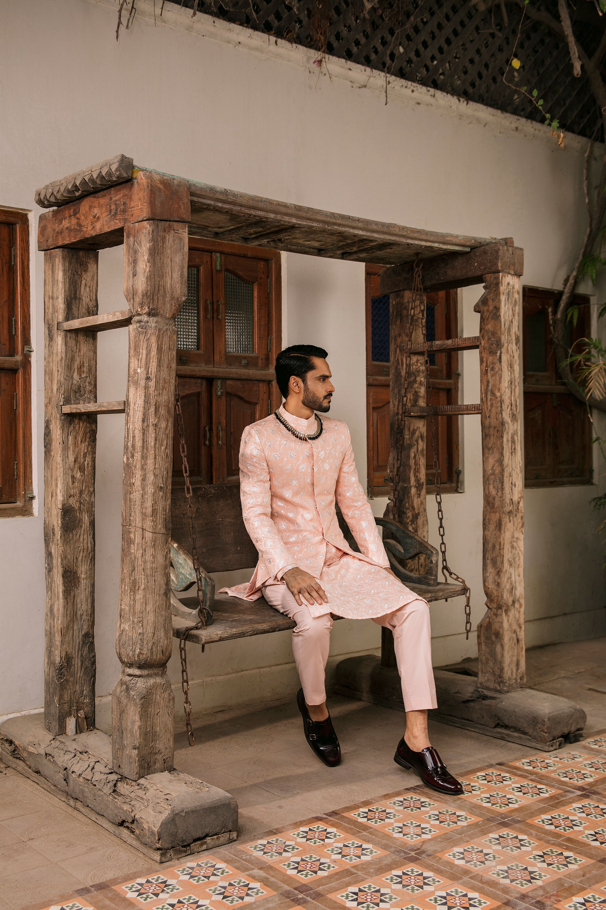 Powder pink Prince coat with floral embroidered patterns embellishments