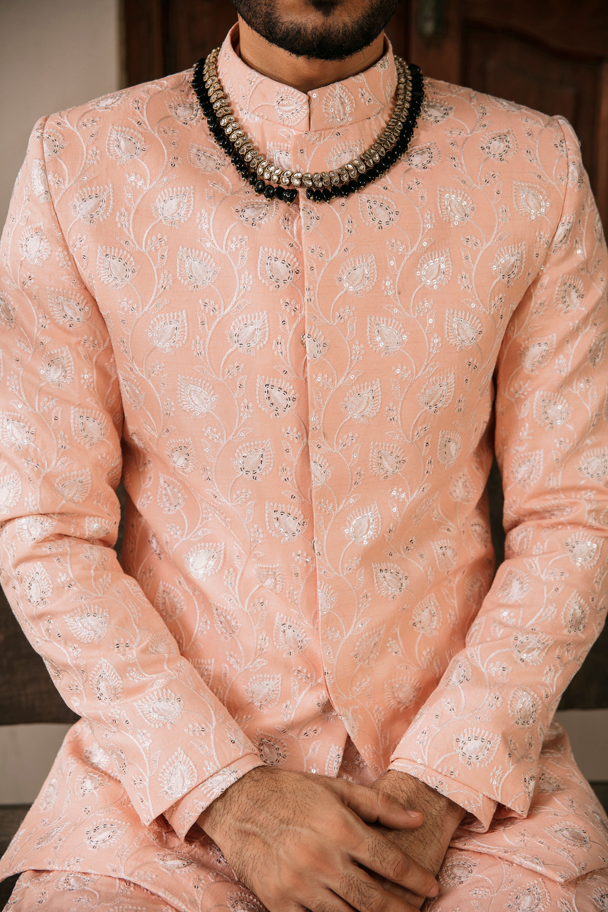 Powder pink Prince coat with floral embroidered patterns embellishments