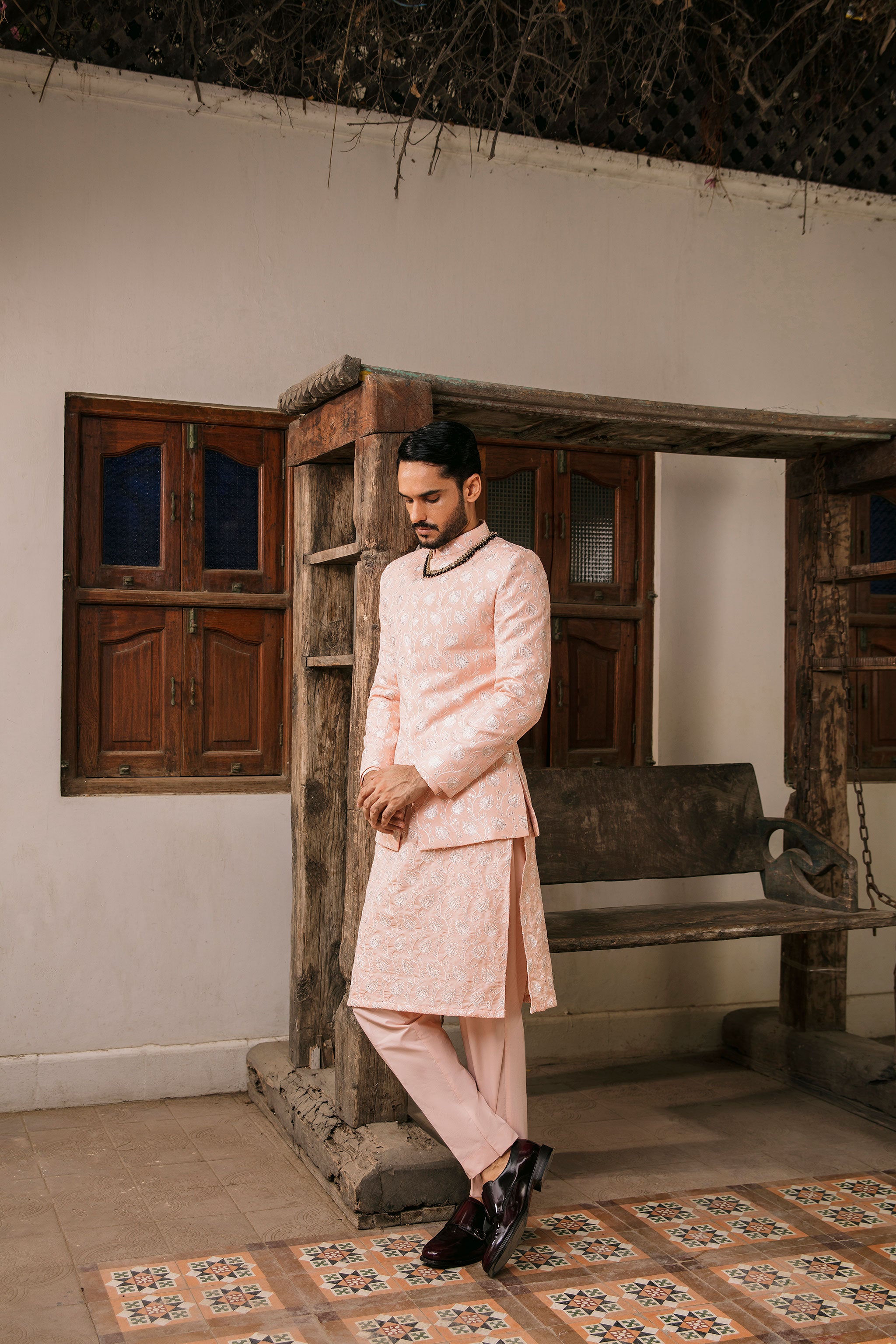 Powder pink Prince coat with floral embroidered patterns embellishments