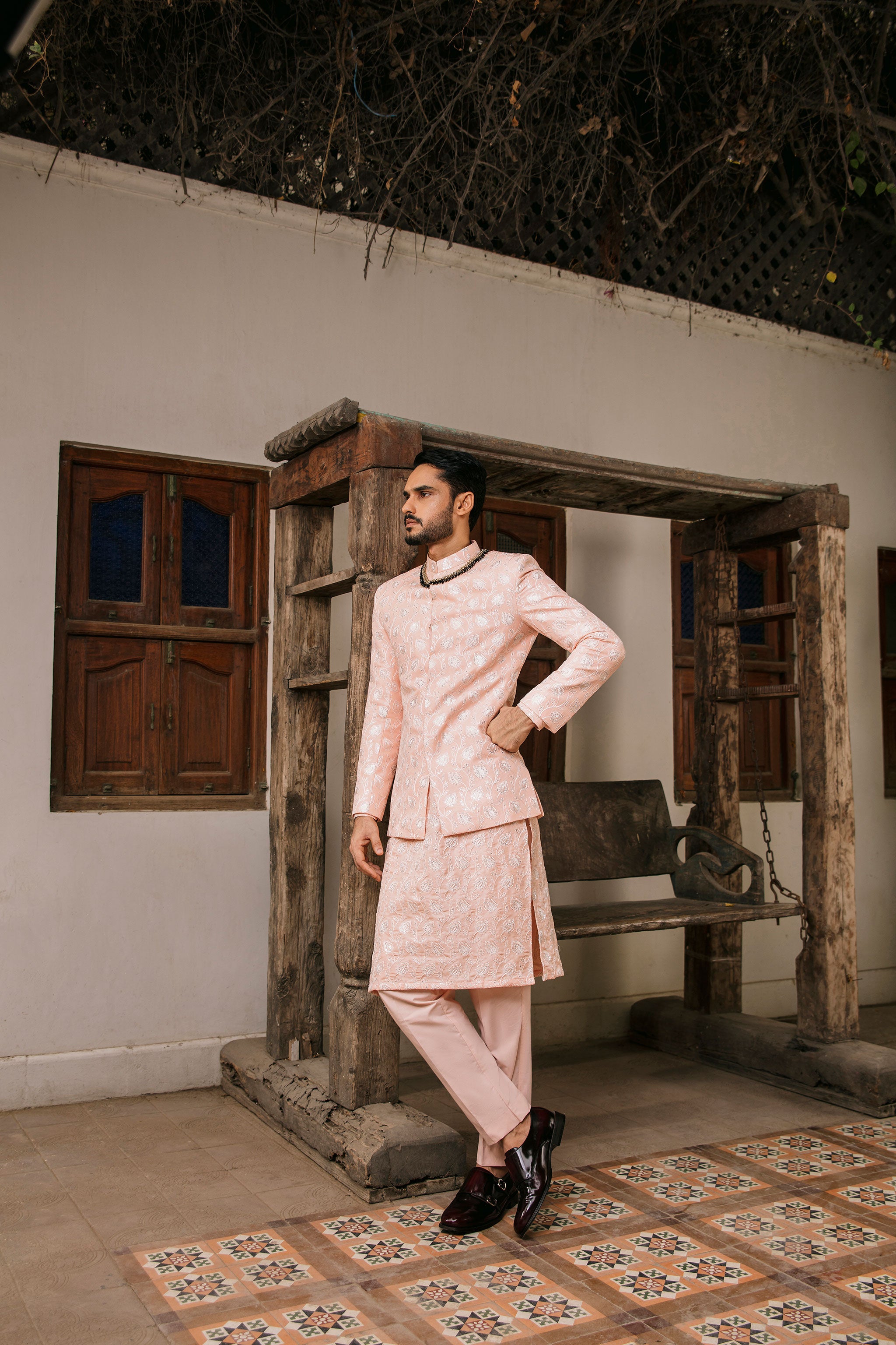 Powder pink Prince coat with floral embroidered patterns embellishments