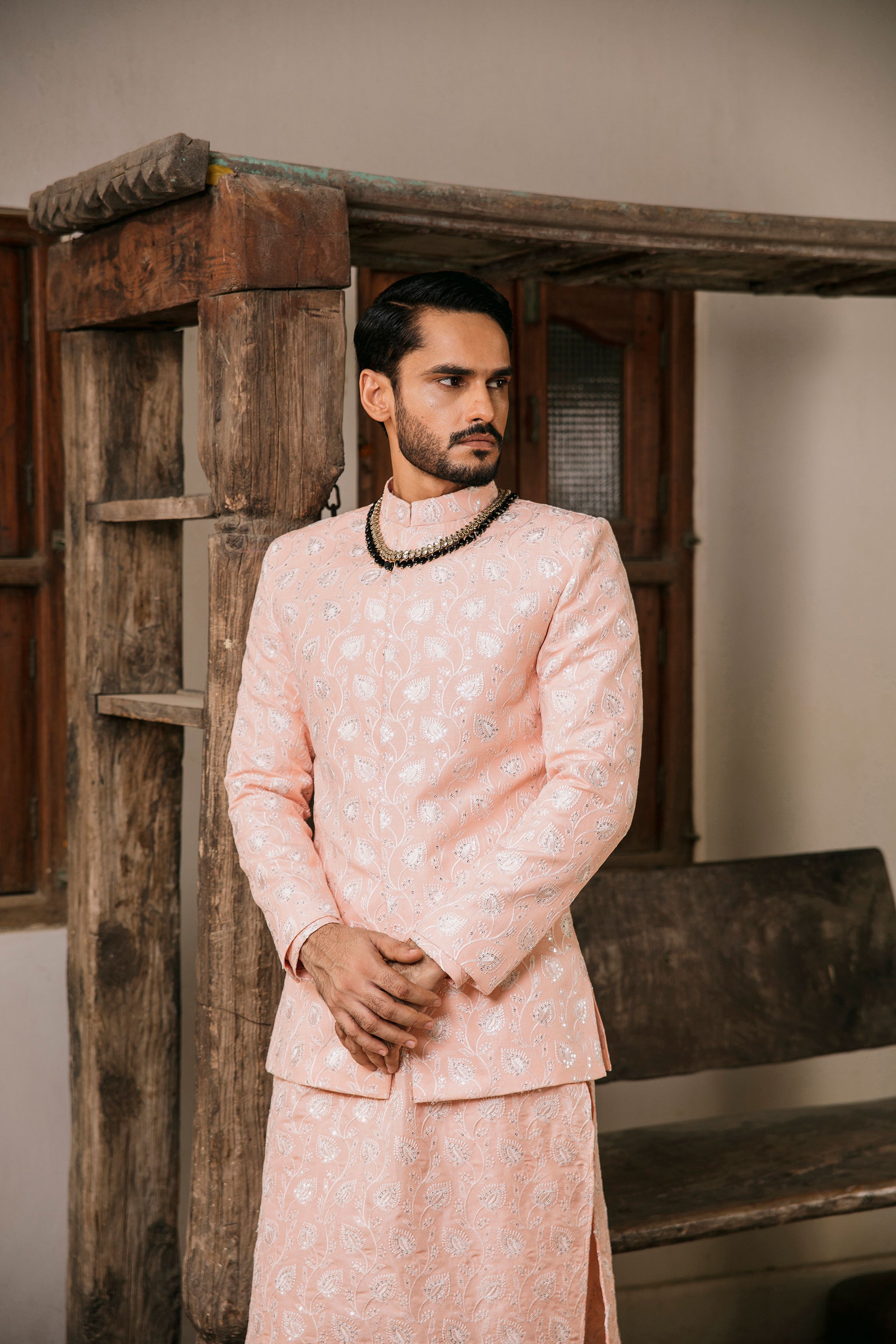 Powder pink Prince coat with floral embroidered patterns embellishments