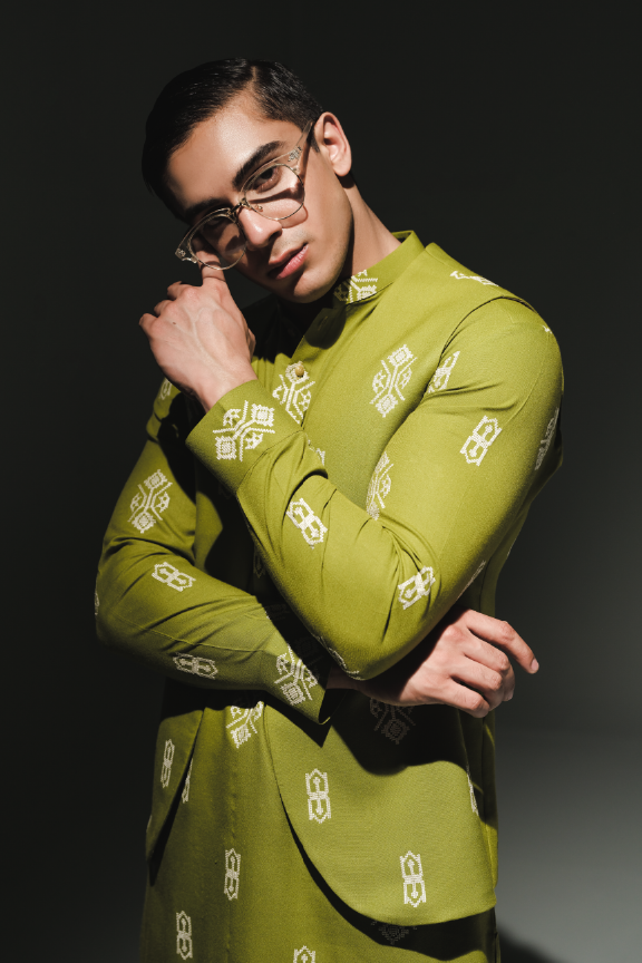 TSL - Olive Green Embroidered Kurta Pajama