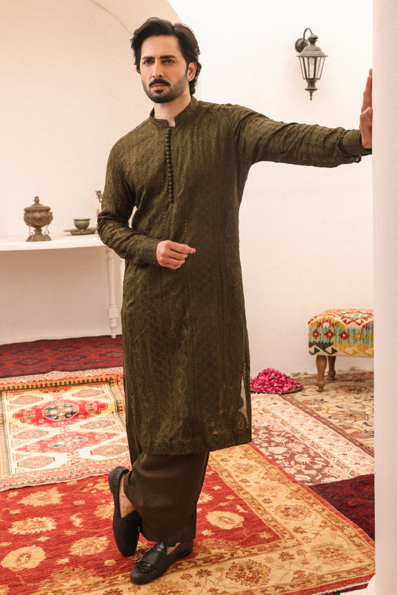 SB-02 Moss Green embroidered kurta and pajama