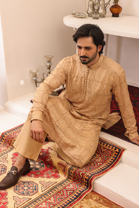 SB-05 Satin Sheen Gold Embroidered kurta and pajama