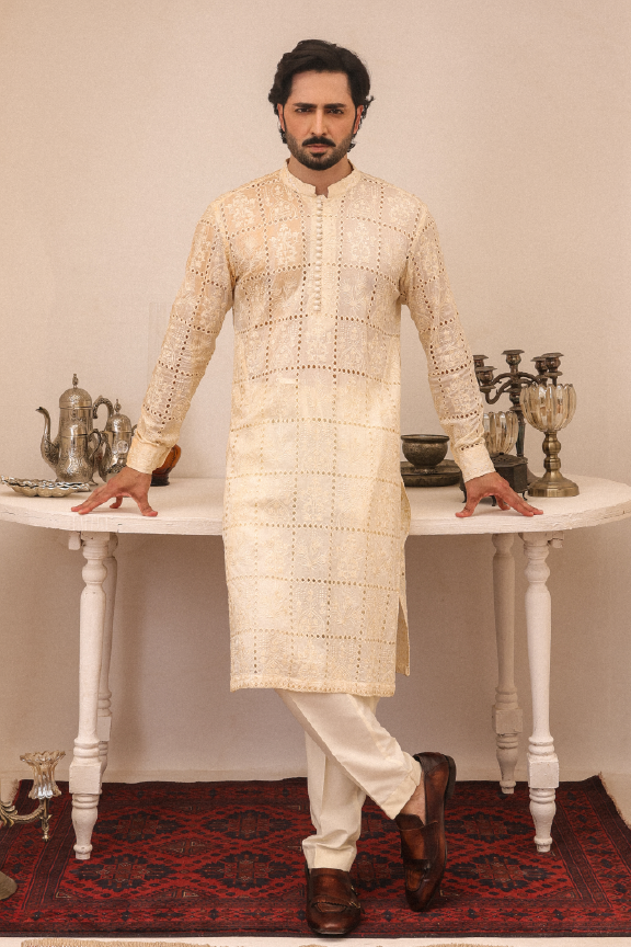SB-06 Beige gold embroidered kurta and pajama