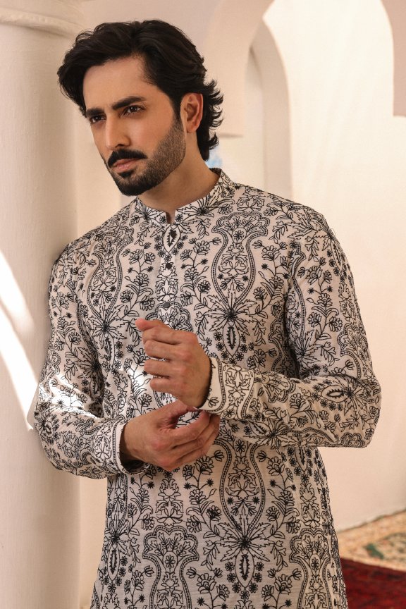 SB-07 Steel grey with black Embroidered kurta and pajama