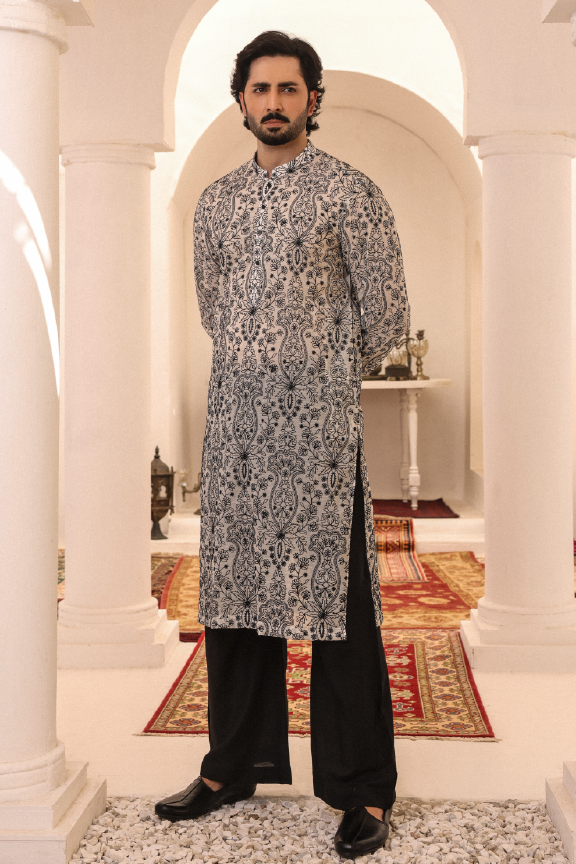 SB-07 Steel grey with black Embroidered kurta and pajama