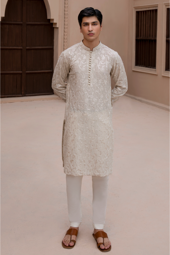 RHN - Beige Linen Karandi Embroidered Kurta Pajama