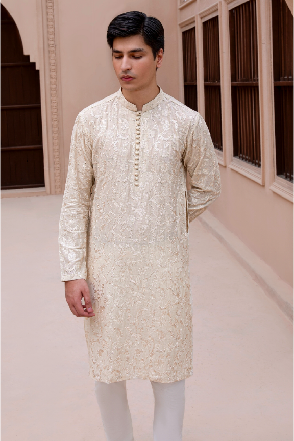 RHN - Beige Linen Karandi Embroidered Kurta Pajama