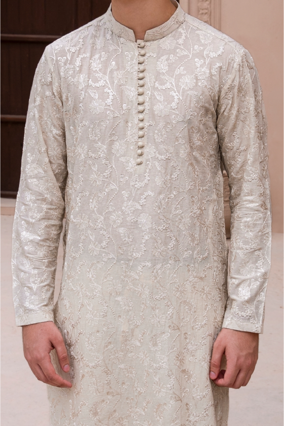 RHN - Beige Linen Karandi Embroidered Kurta Pajama