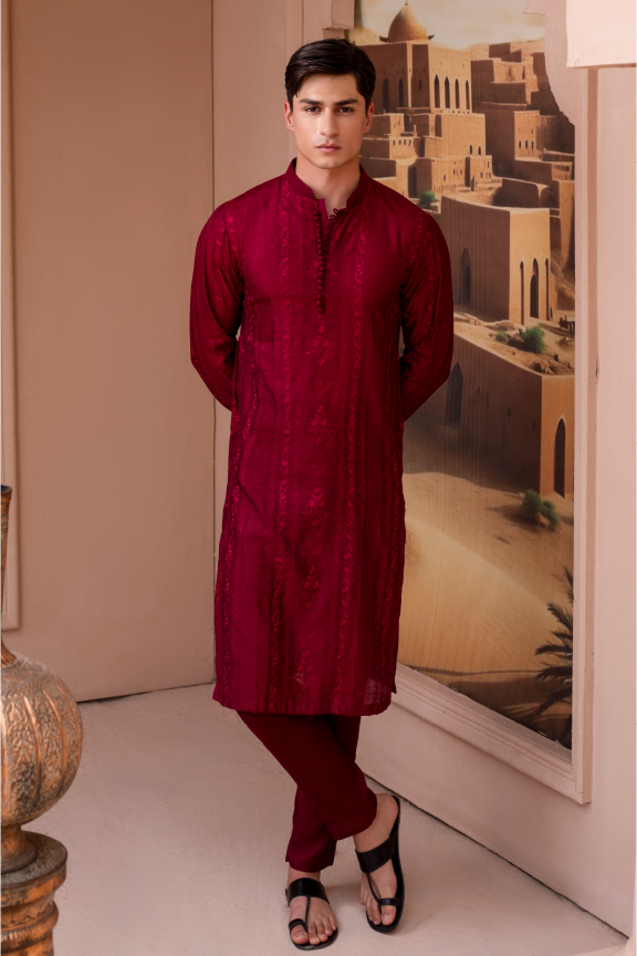 RHN - Brick Red Embroidered Kurta Pajama
