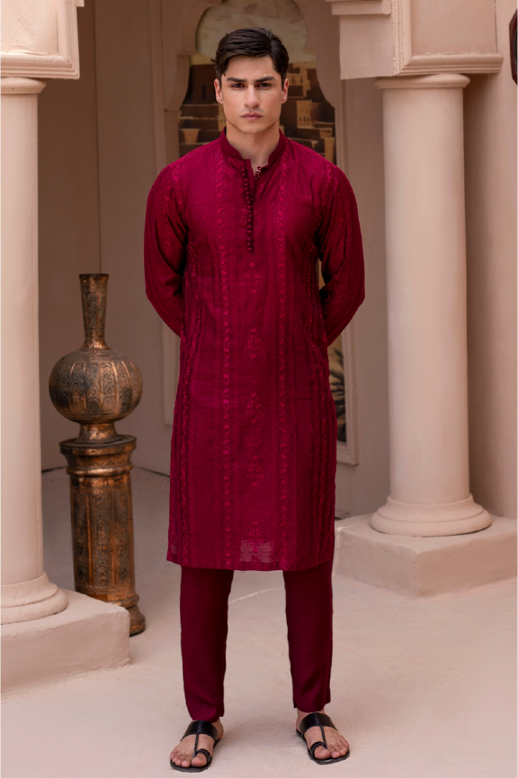 RHN - Brick Red Embroidered Kurta Pajama