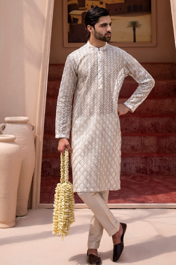 RHN - Band green and white Embroidered Kurta Pajama