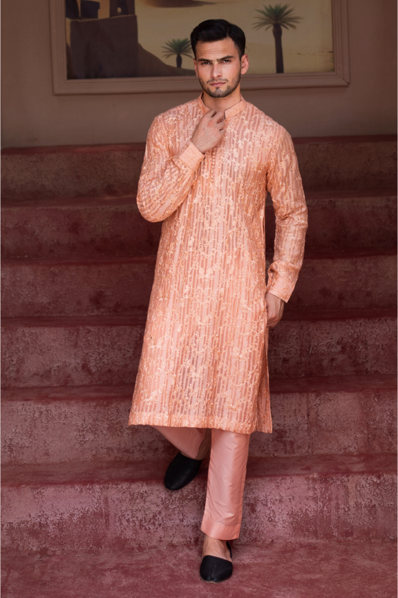 RHN - Peach Pink Embroidered Kurta Pajama