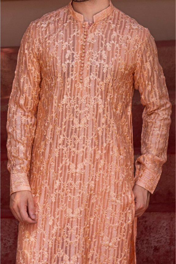 RHN - Peach Pink Embroidered Kurta Pajama