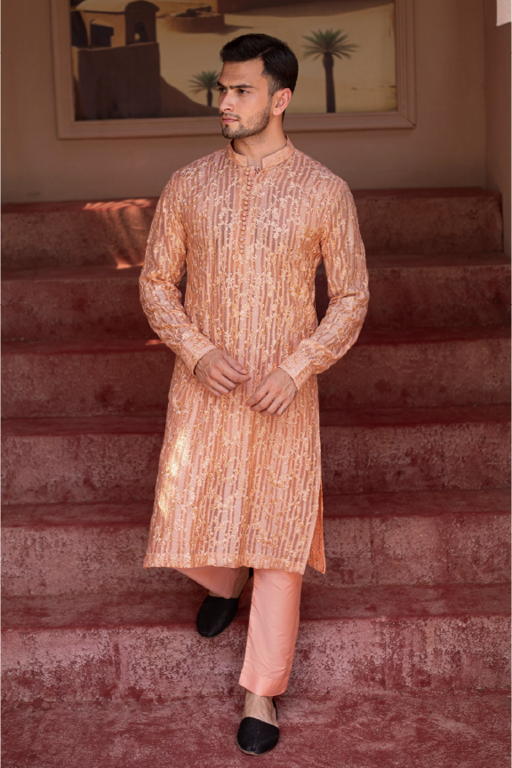 RHN - Peach Pink Embroidered Kurta Pajama