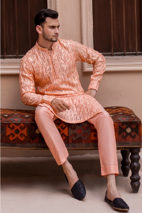 RHN - Peach Pink Embroidered Kurta Pajama