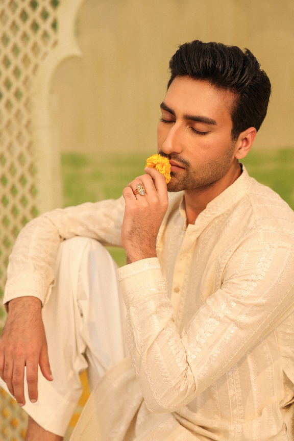 Mayassar - Parchment Beige Geometric Kurta Pajama