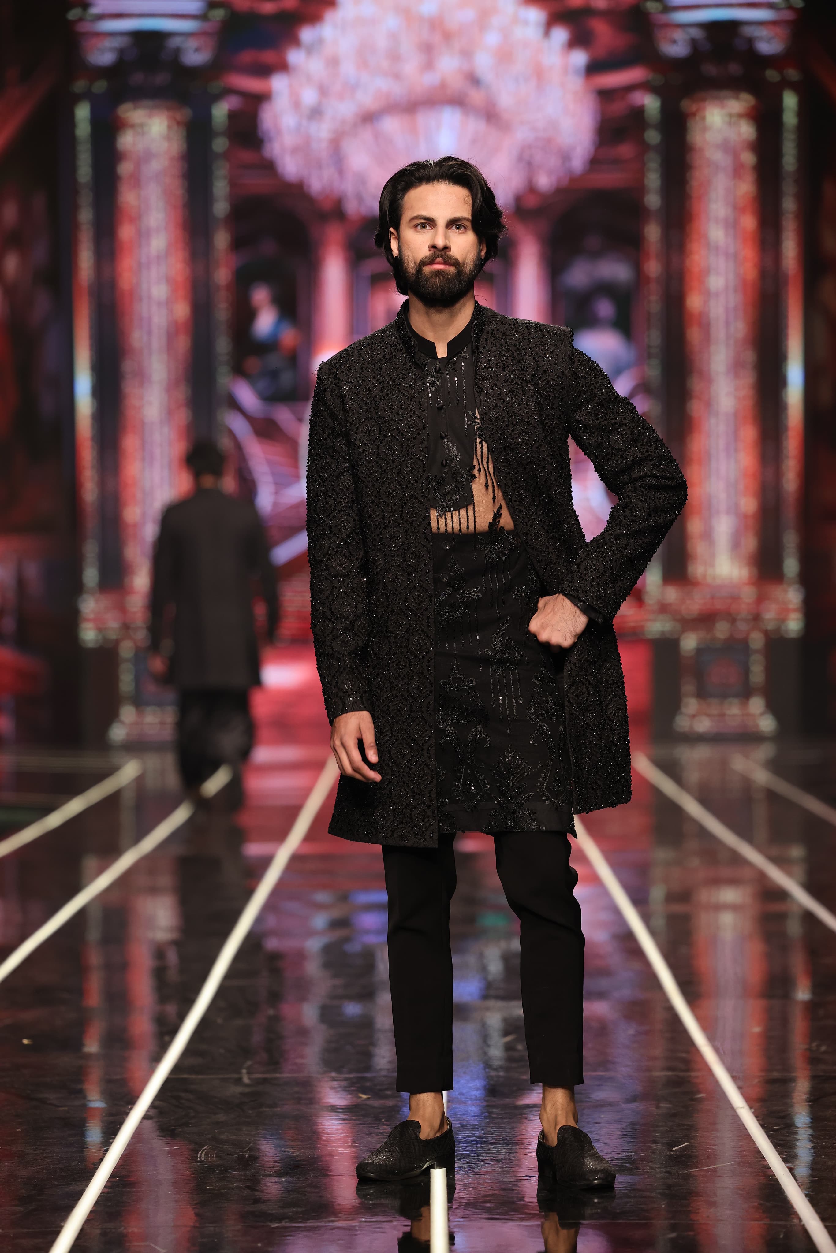 ER-120 Black Jacquard Embellished Sherwani