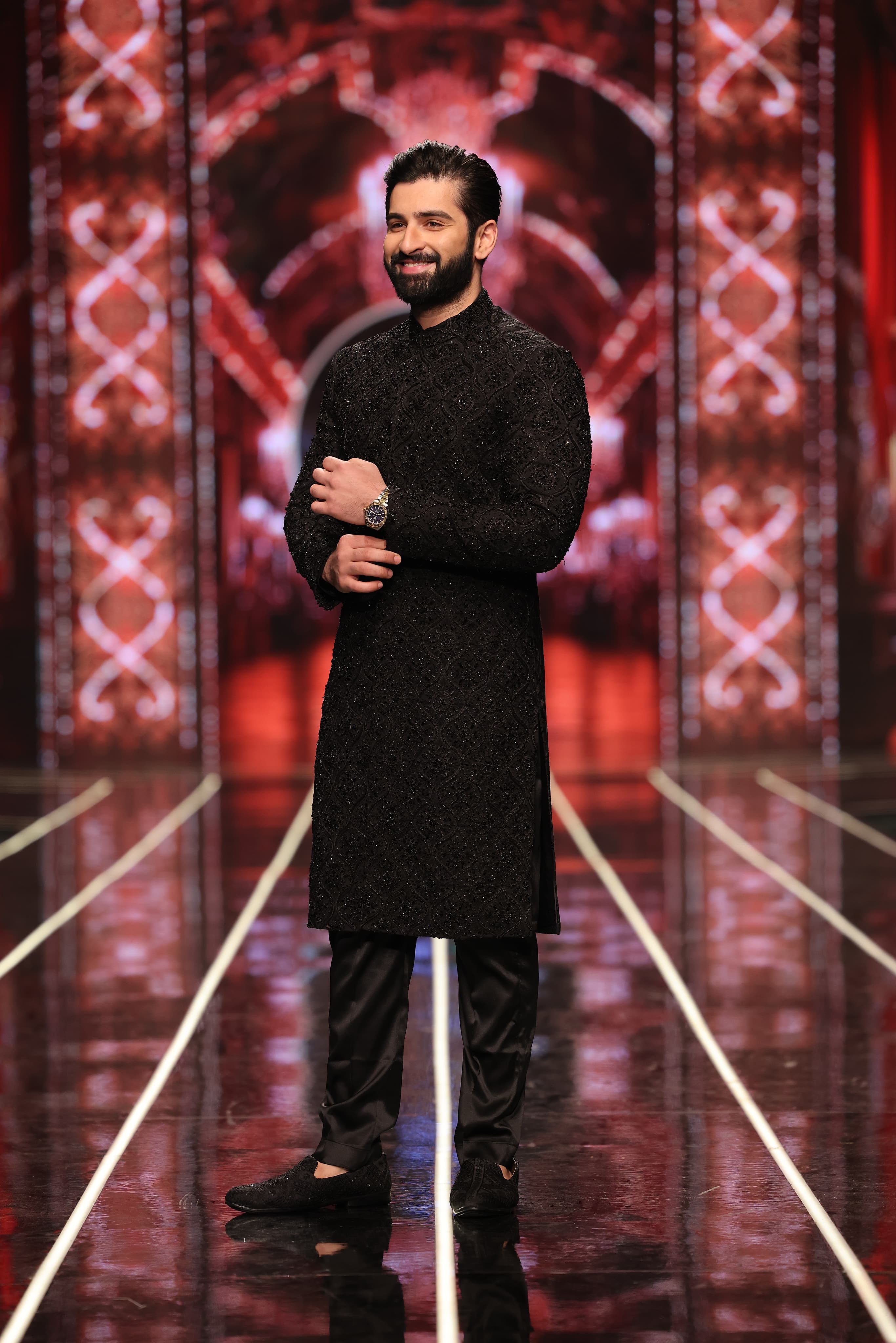 ER-128 Black Jacquard Embellished Sherwani