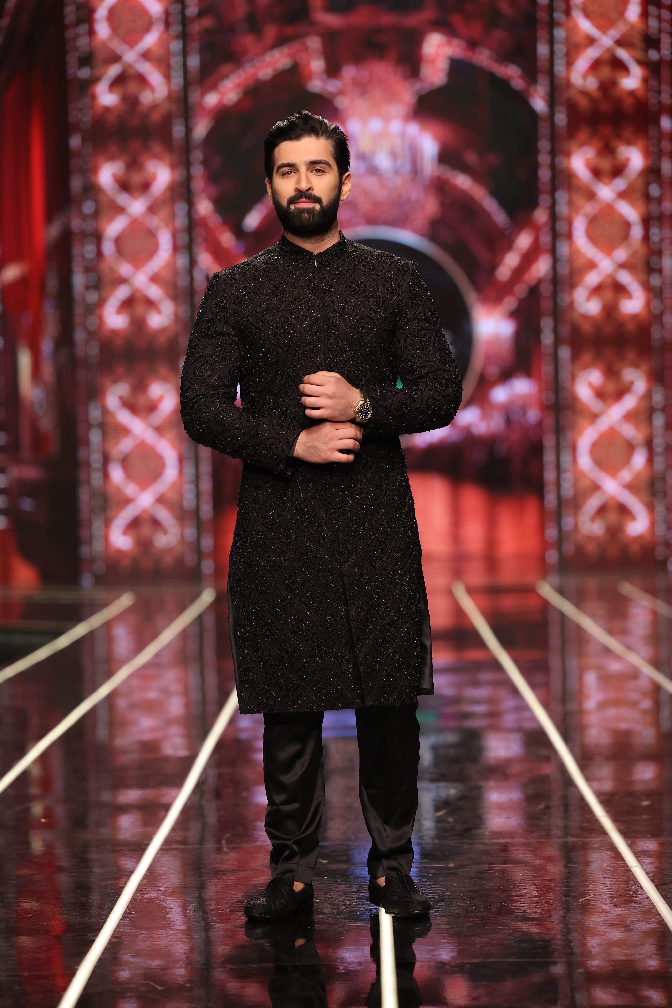 ER-128 Black Jacquard Embellished Sherwani