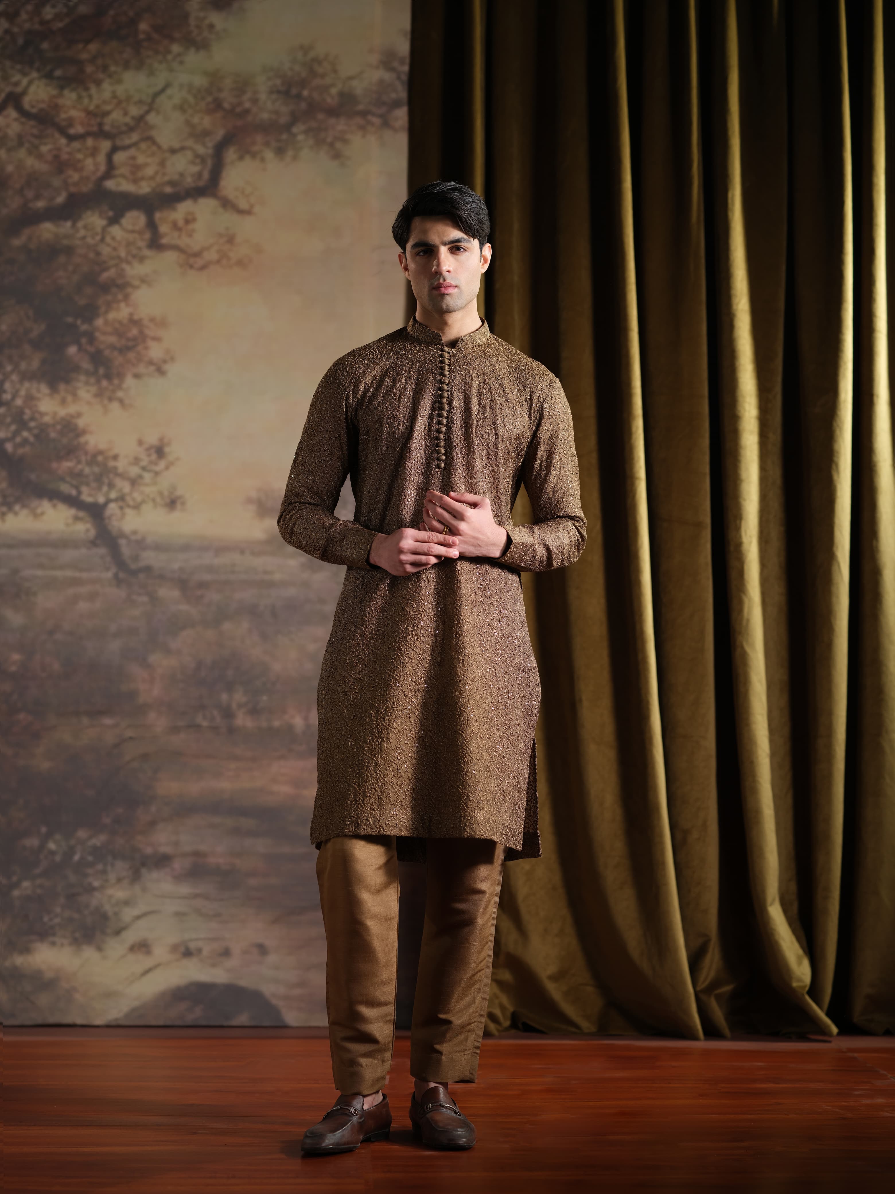 Musarrat - Brown Embroidered Kurta Pajama