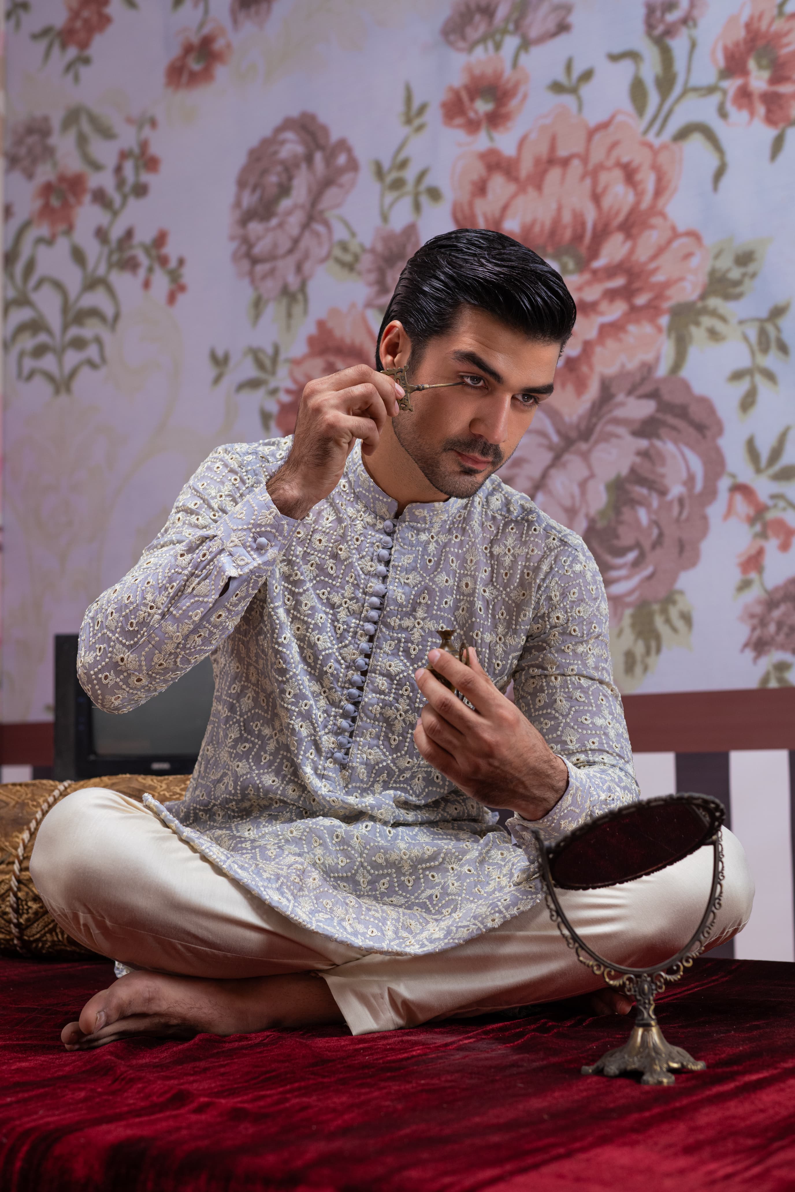 Muqabil - Ash Gray Embroidered Kurta Pajama