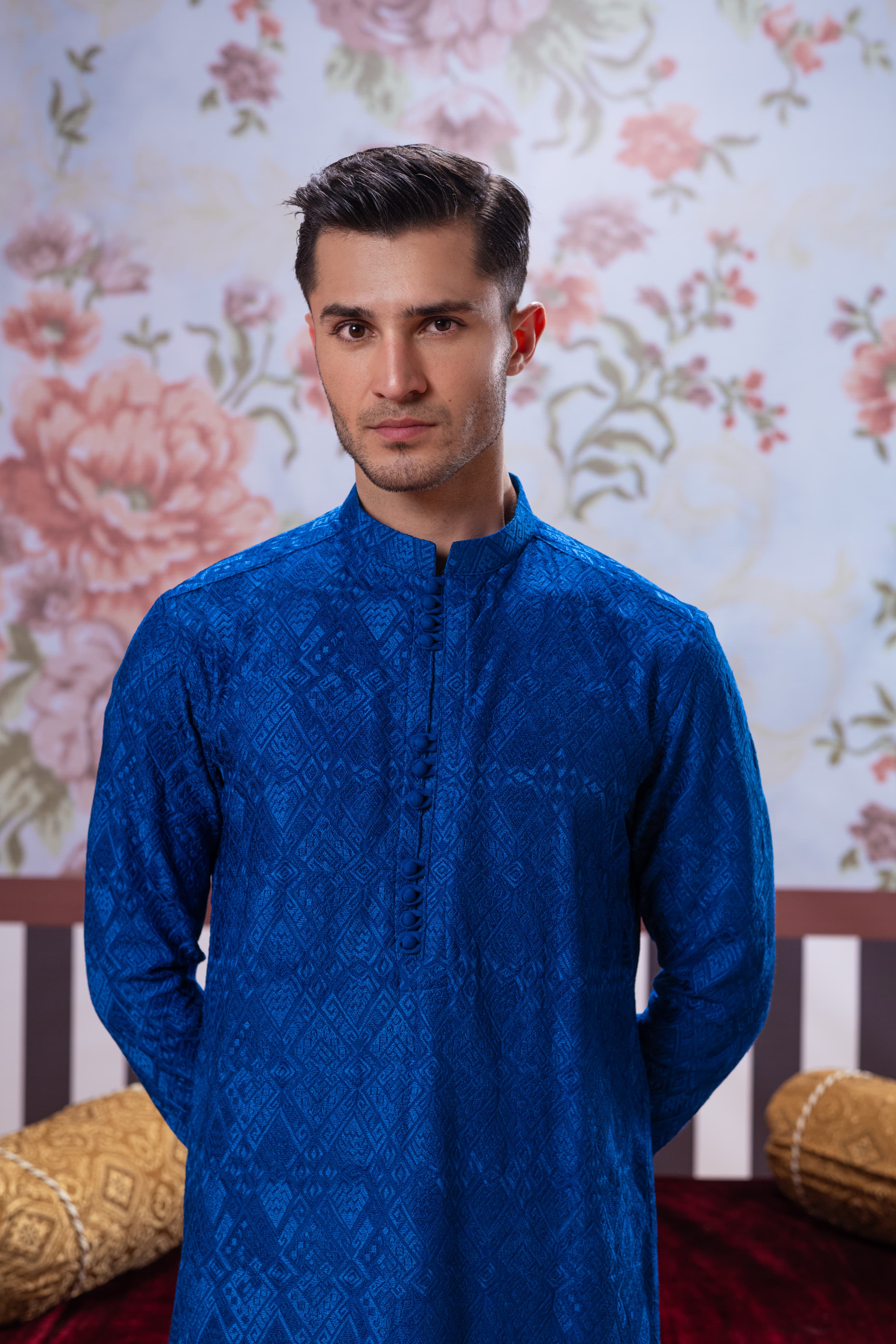Muqabil - Azure Blue Embroidered Kurta Pajama