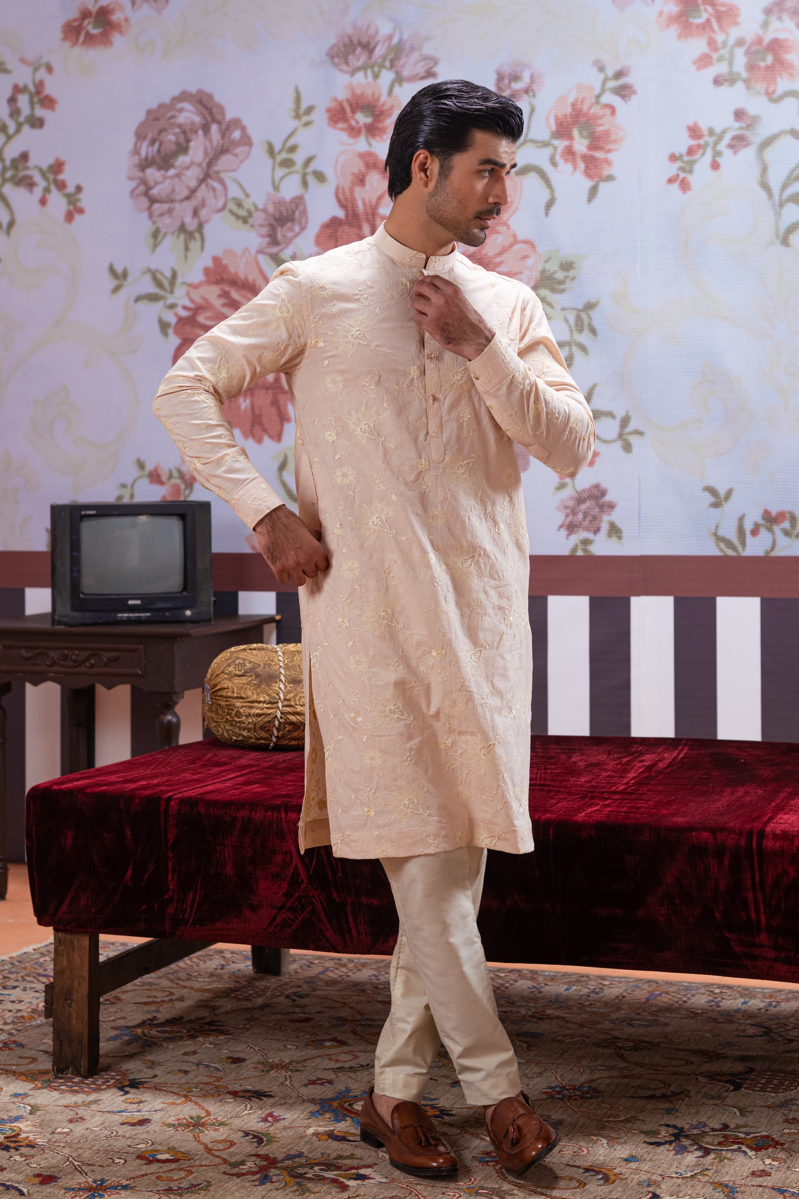 Muqabil - Bisque Embroidered Kurta Pajama