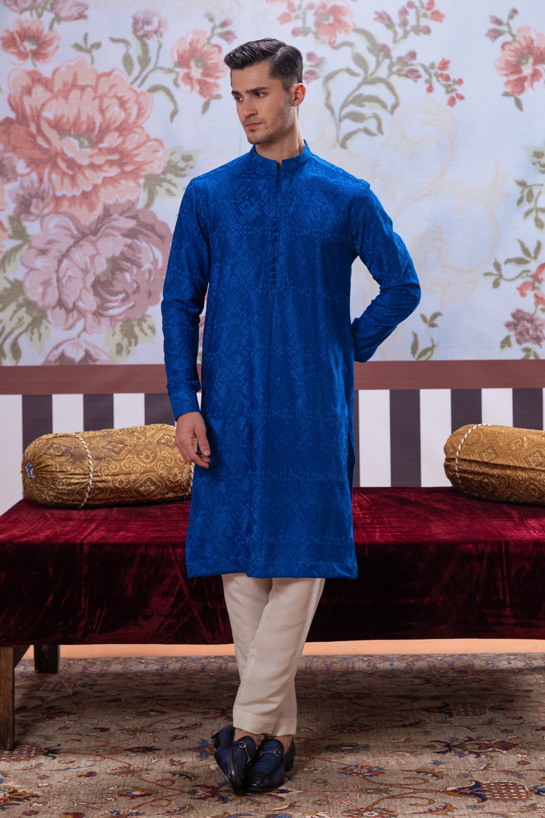 Muqabil - Azure Blue Embroidered Kurta Pajama